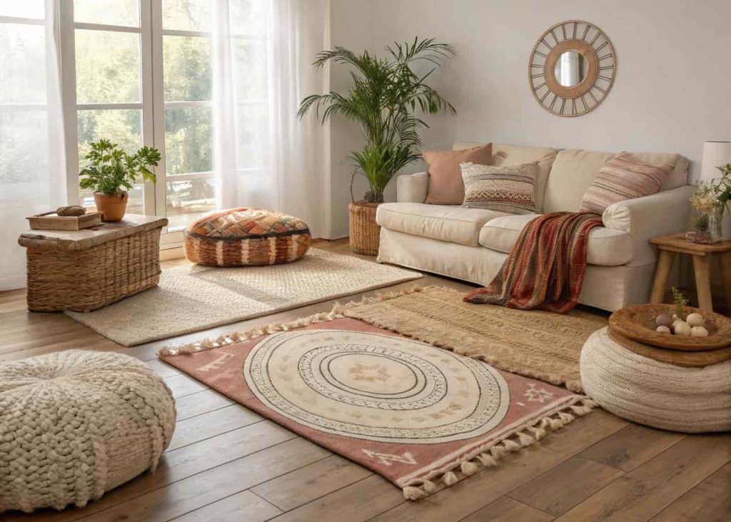 Living room with layered rugs, wooden floor, soft textures, and cozy seating area.