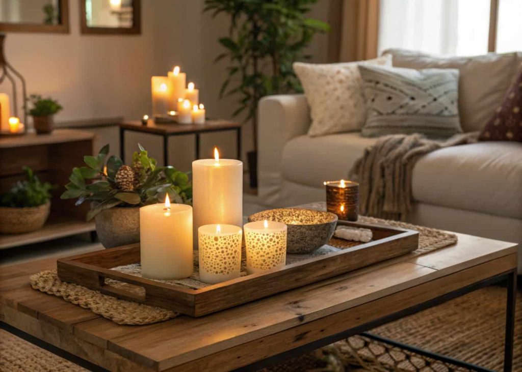 A coffee table with lit scented candles, soft lighting, warm tones, and inviting home decor.