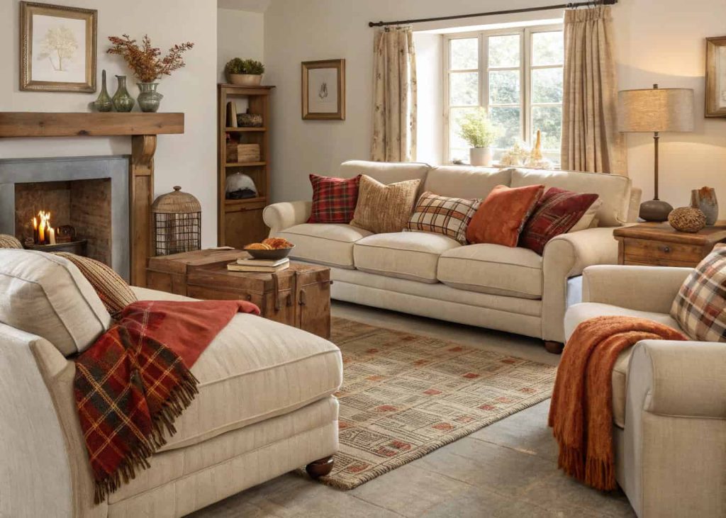 A living room with plush sofas, soft cushions, throw blankets, and inviting seating arrangement.