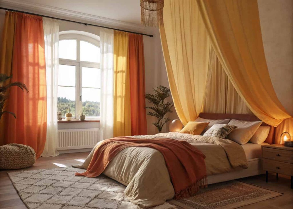 A bedroom with warm-colored drapes, soft light filtering through, cozy bedding, and peaceful atmosphere.