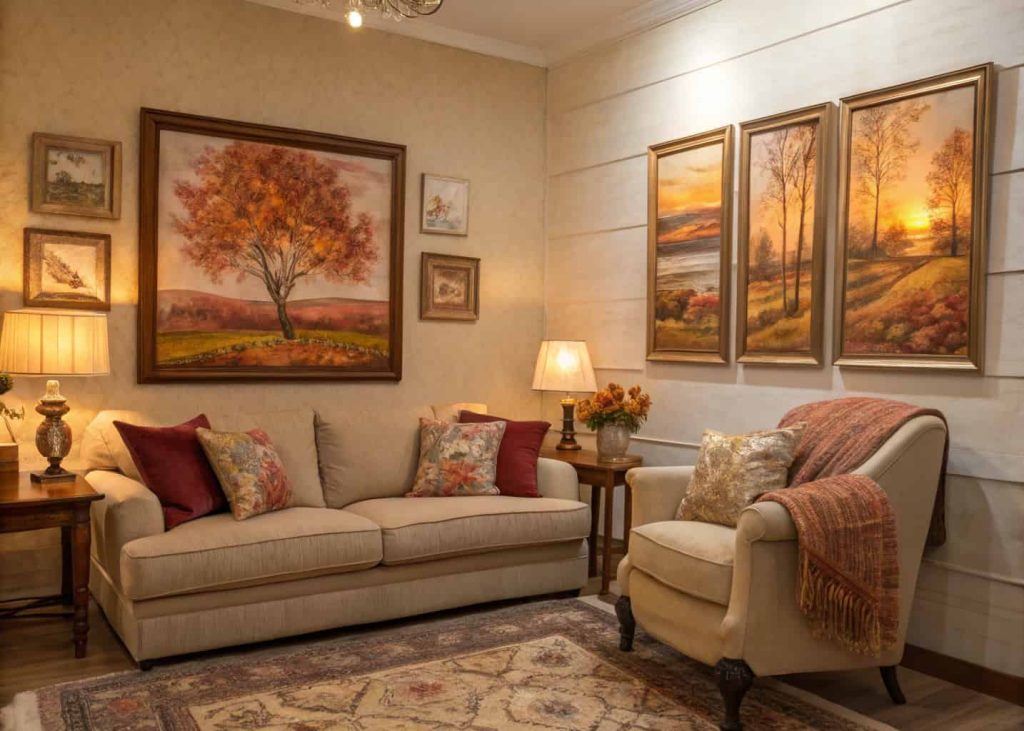 A living room wall decorated with warm-toned paintings, cozy furniture, soft textures, and inviting lighting.