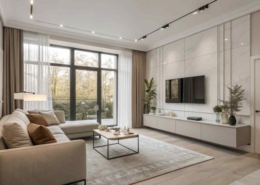 Modern minimalist living room with neutral tones, sleek furniture, large windows letting in natural light, cozy atmosphere, 2:3 ratio"