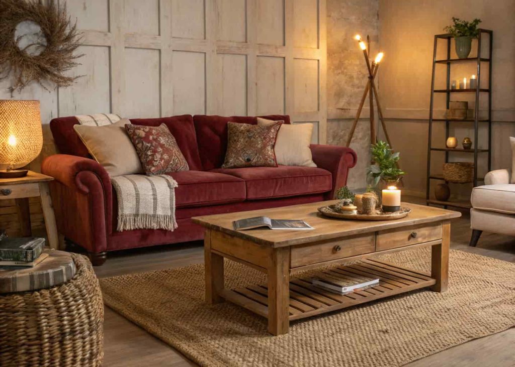Cozy living room with mixed textures, velvet cushions, wooden coffee table, jute rug, warm lighting