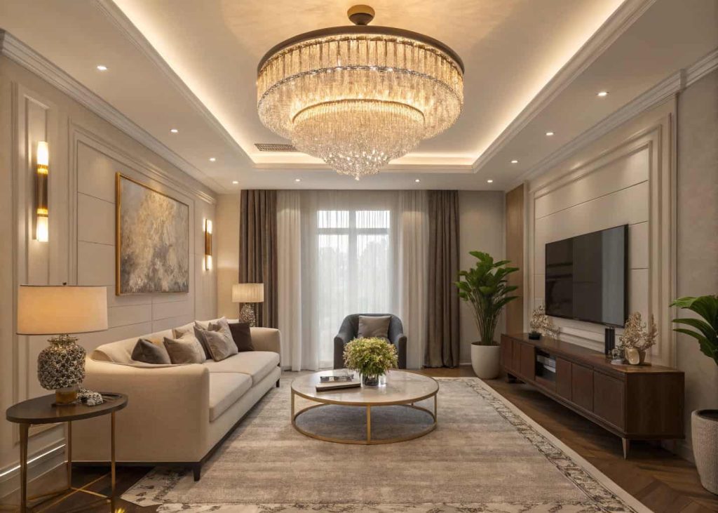 Modern living room with statement chandelier, warm ambient lighting, stylish furniture, cozy and elegant vibe