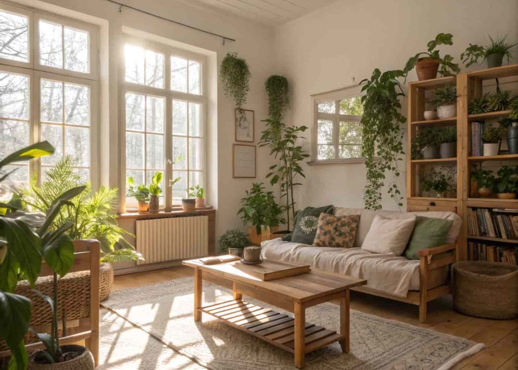 Bright living room with indoor plants, wooden furniture, cozy and natural aesthetic, sunlight streaming in,