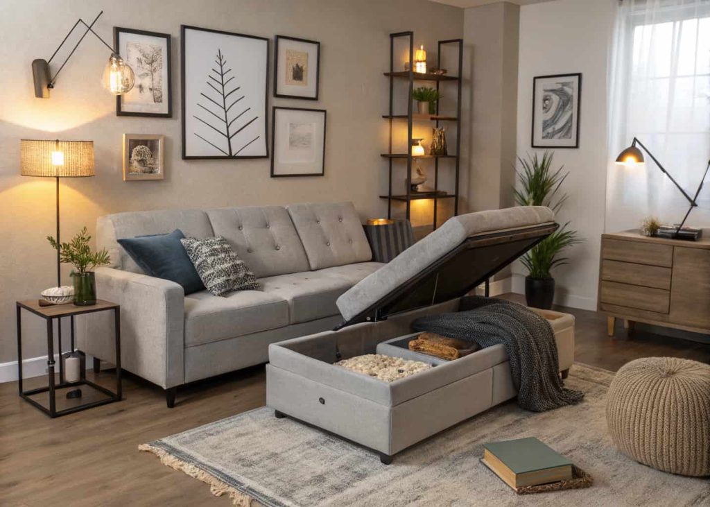 Modern living room with multi-functional furniture, sofa bed, storage ottoman, stylish and cozy interior