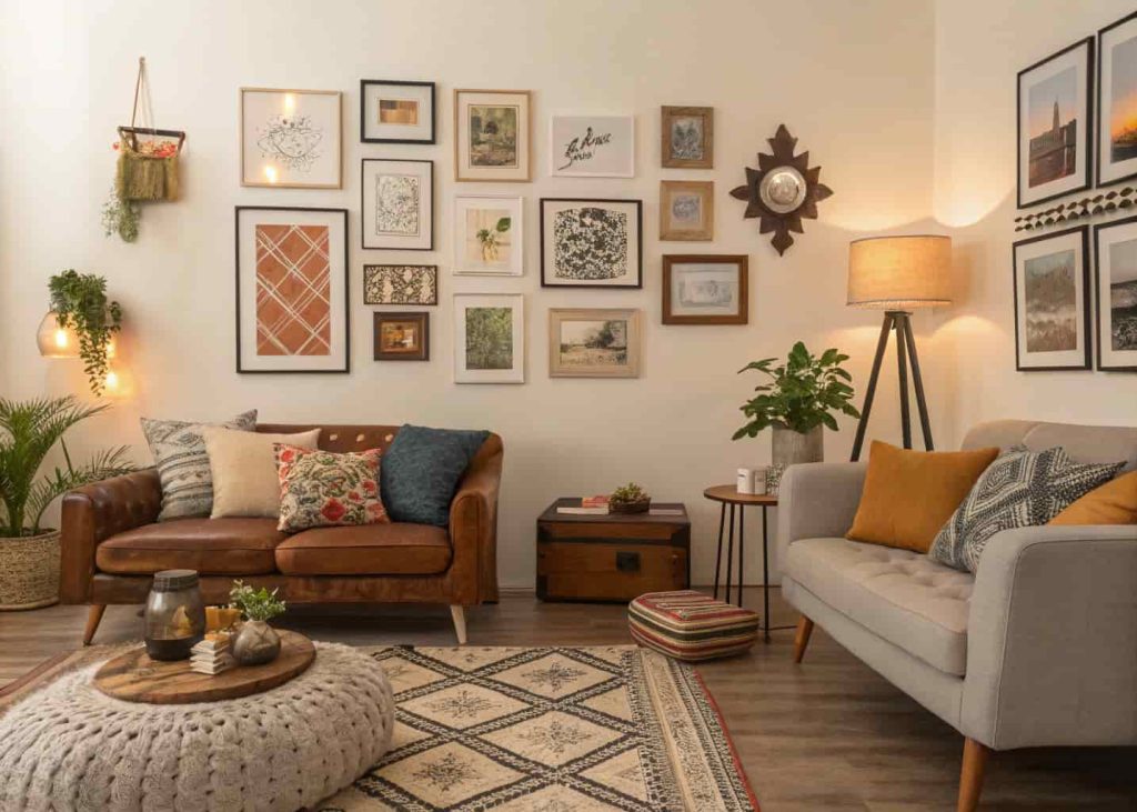 Cozy living room with art gallery wall, personal decorative items, stylish furniture, warm atmosphere
