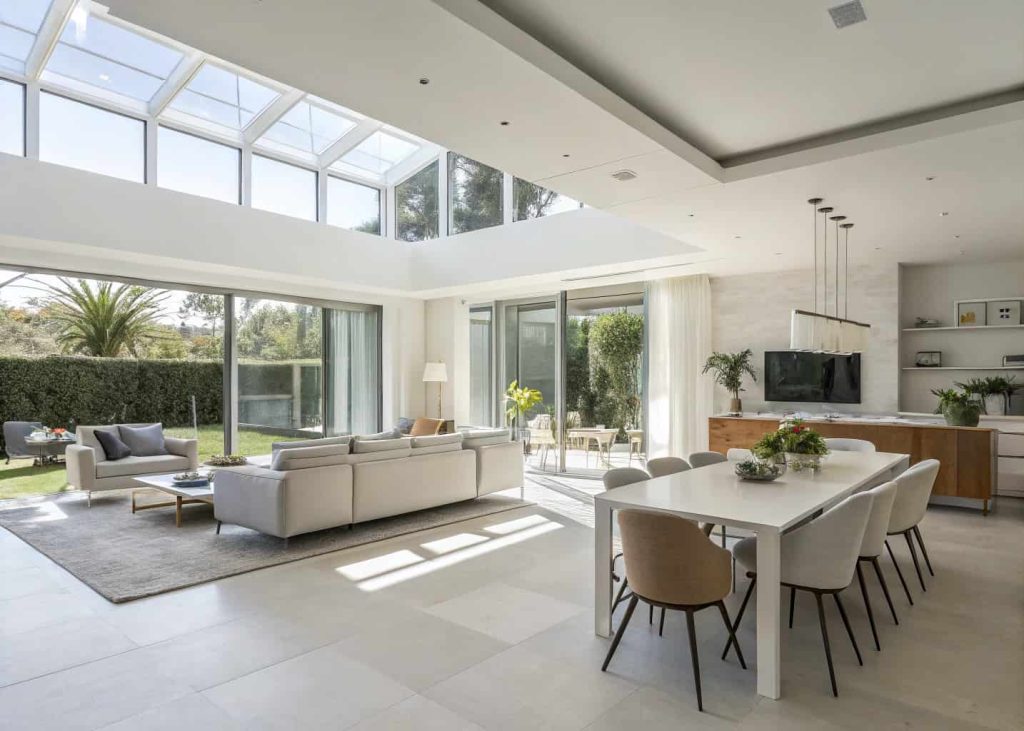 Open-plan living room and dining area, bright natural light, modern minimalist design, airy and spacious feel