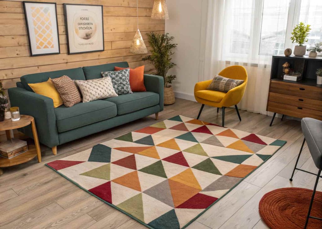"Living room with geometric patterned rug, stylish cushions, modern furniture, cozy and vibrant vibe