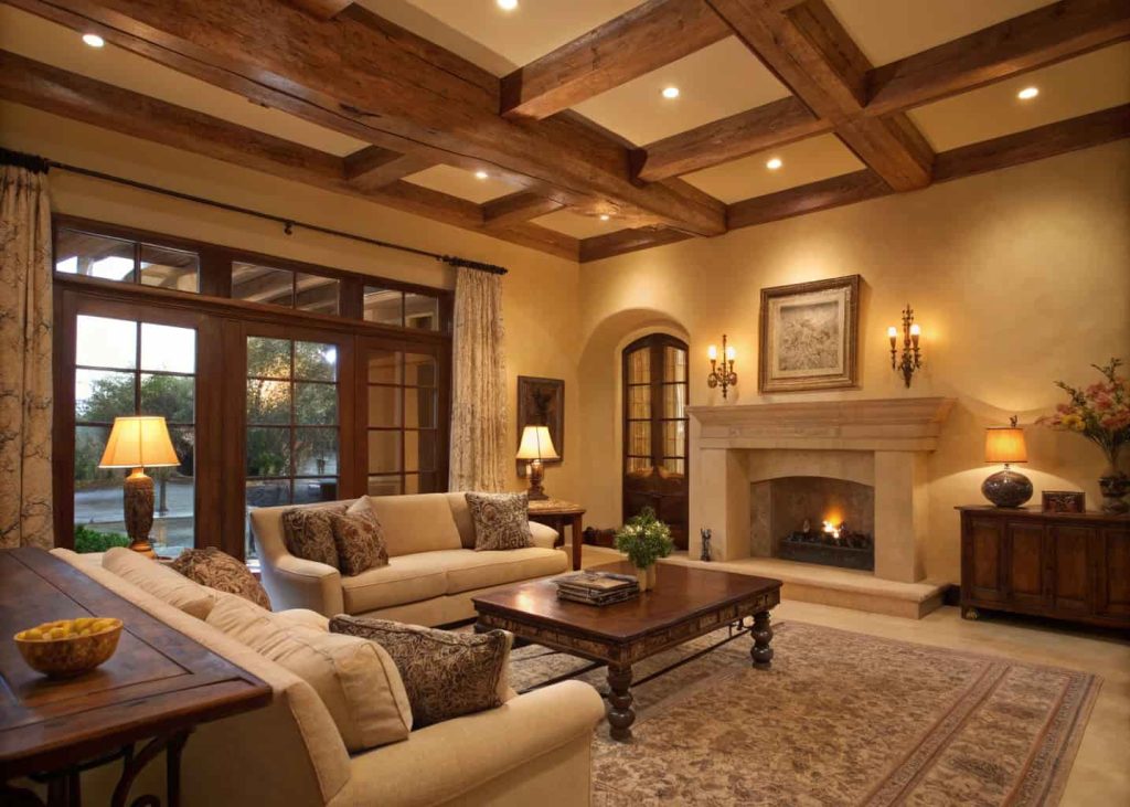 Living room with highlighted architectural features, exposed beams, elegant furniture, warm lighting