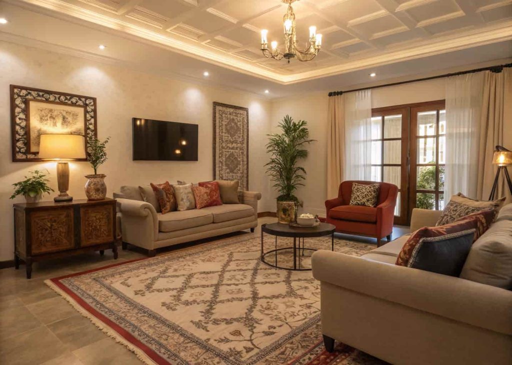 Cozy living room with layered rugs, stylish furniture, warm and inviting atmosphere