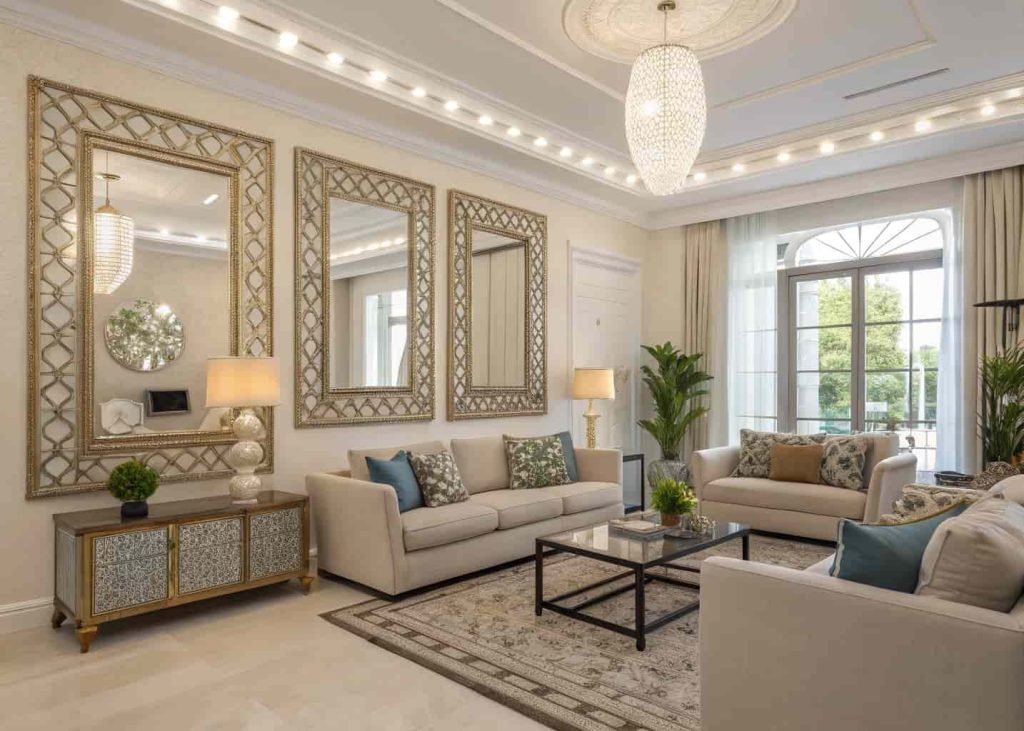 Modern living room with large decorative mirrors, bright and airy feel, stylish furniture, cozy ambiance