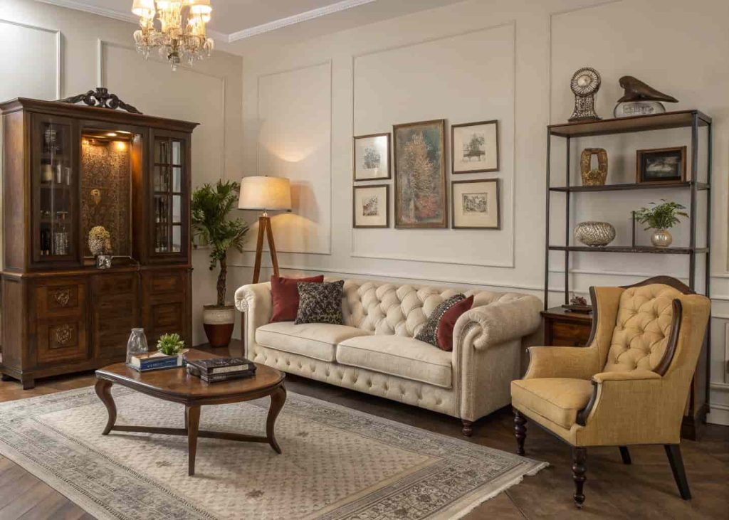 Living room with vintage furniture pieces, stylish modern decor, warm and inviting atmosphere,