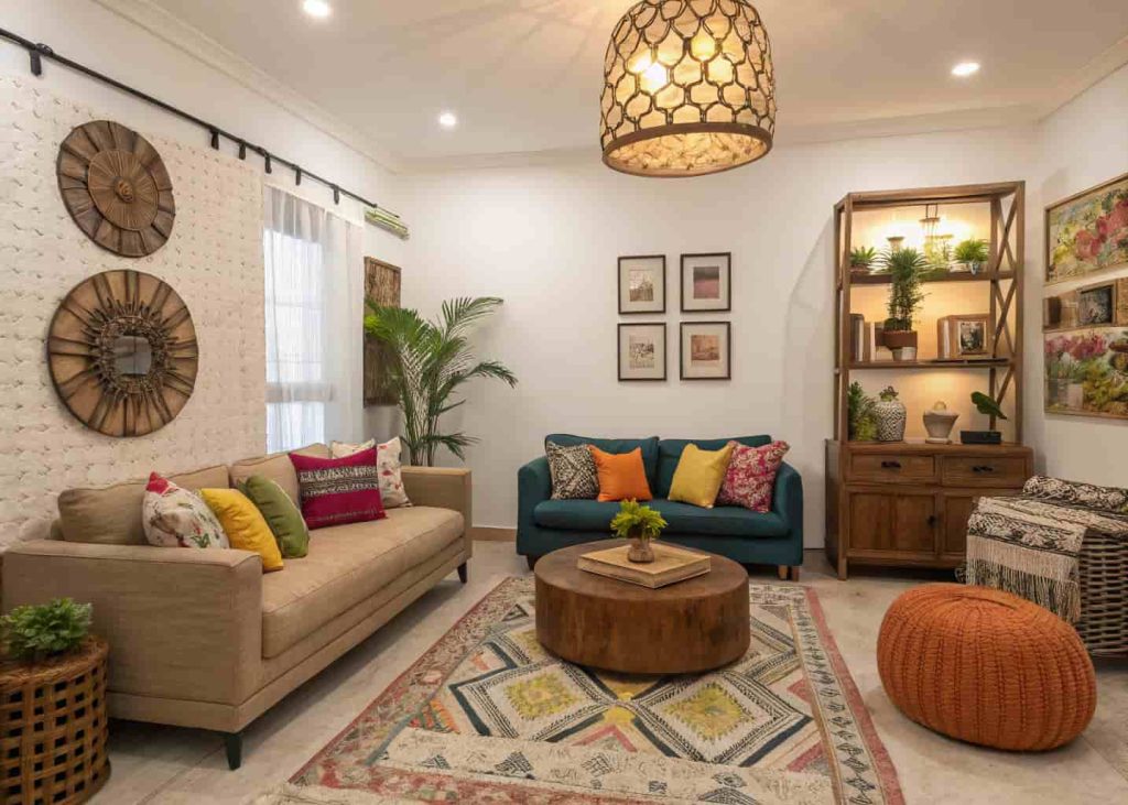 Personalized living room with unique decor, cozy furniture, vibrant accessories, welcoming and stylish atmosphere