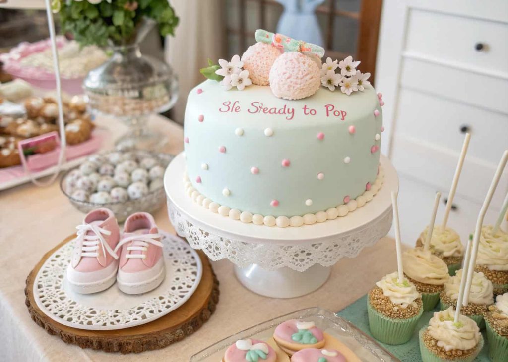 A baby shower cake shaped like a baby bump, decorated in pastel colors with tiny fondant baby shoes and a “She’s Ready to Pop” topper, on a decorated dessert table.