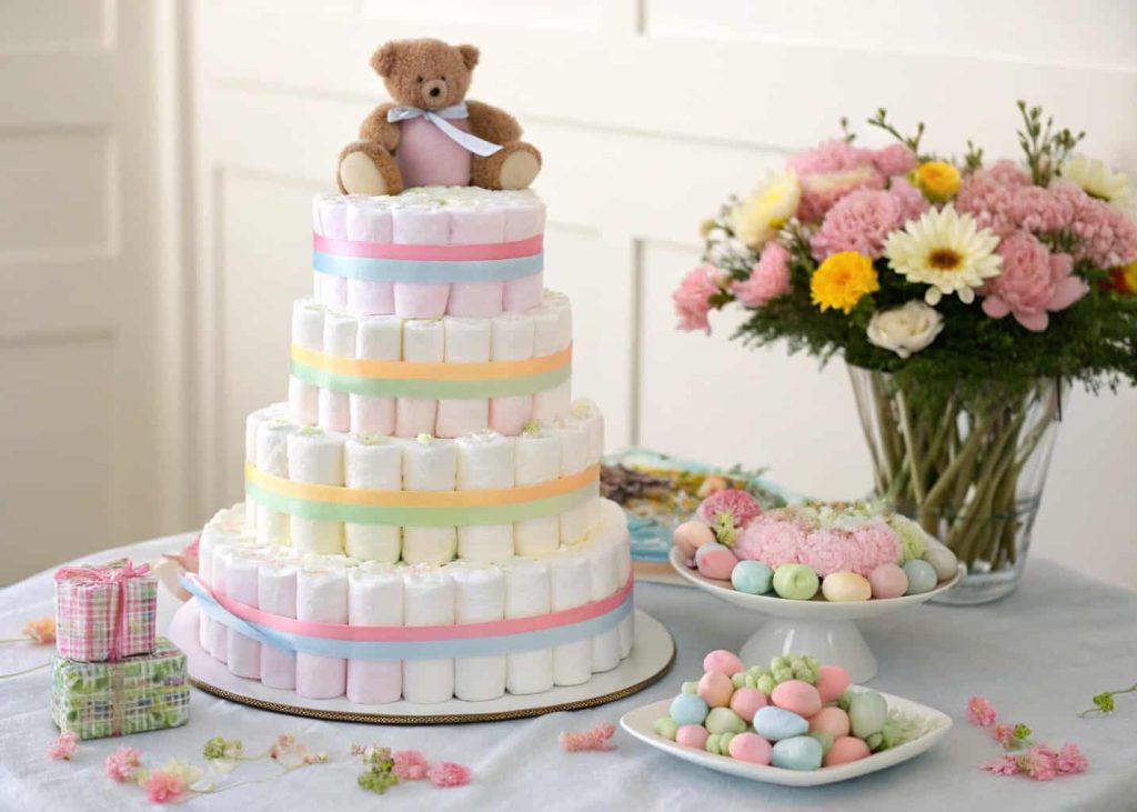 A three-tier diaper cake decorated with pastel ribbons, small baby toys, and a stuffed animal on top, surrounded by flowers on a table.