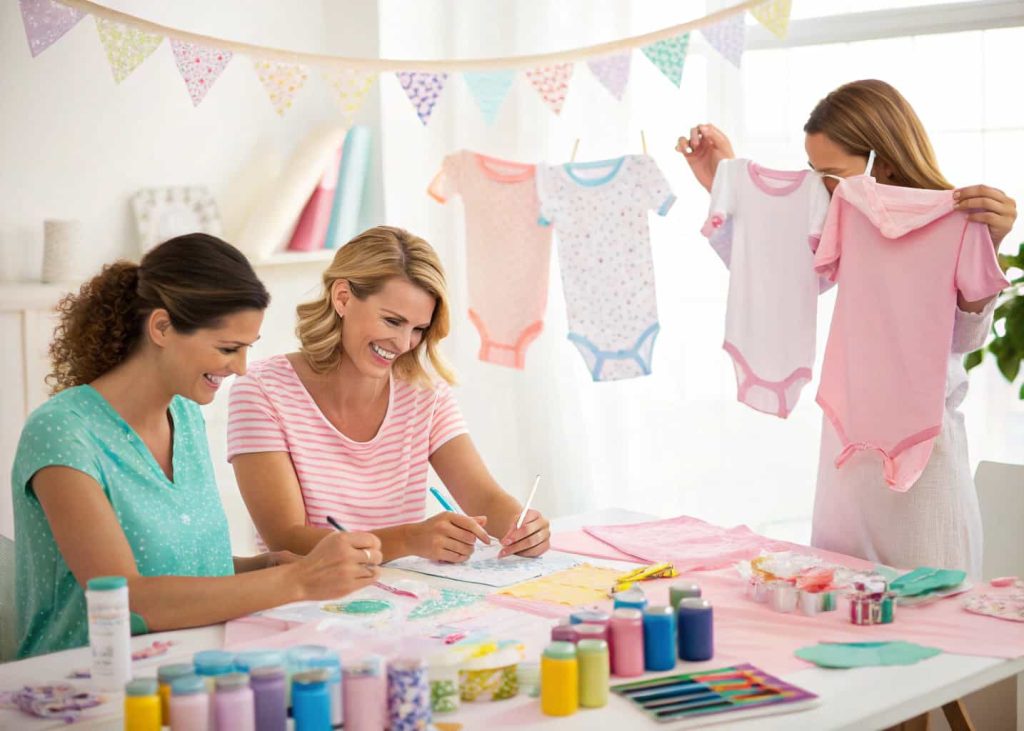 A baby shower DIY onesie decorating station with fabric markers, stencils, glitter, and pastel-colored onesies on a table, with happy guests creating designs.