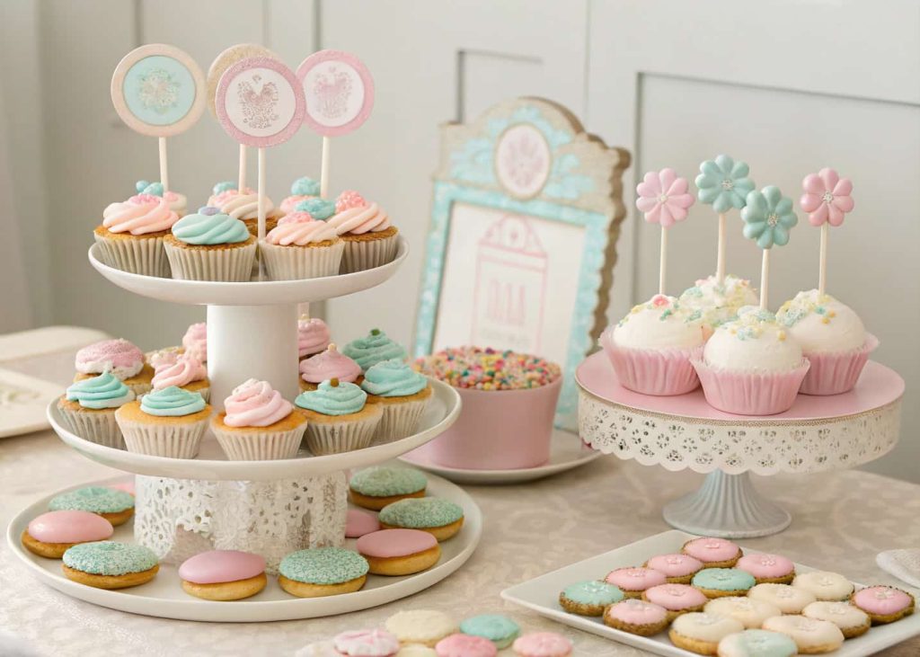 A pastel-themed baby shower dessert table with cupcakes, cookies, cake pops, and candies decorated with baby shower toppers, arranged neatly on tiered trays.