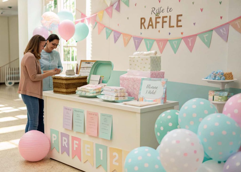 A pastel-colored baby shower raffle station with diapers, tickets, and a small prize display, with happy guests participating.