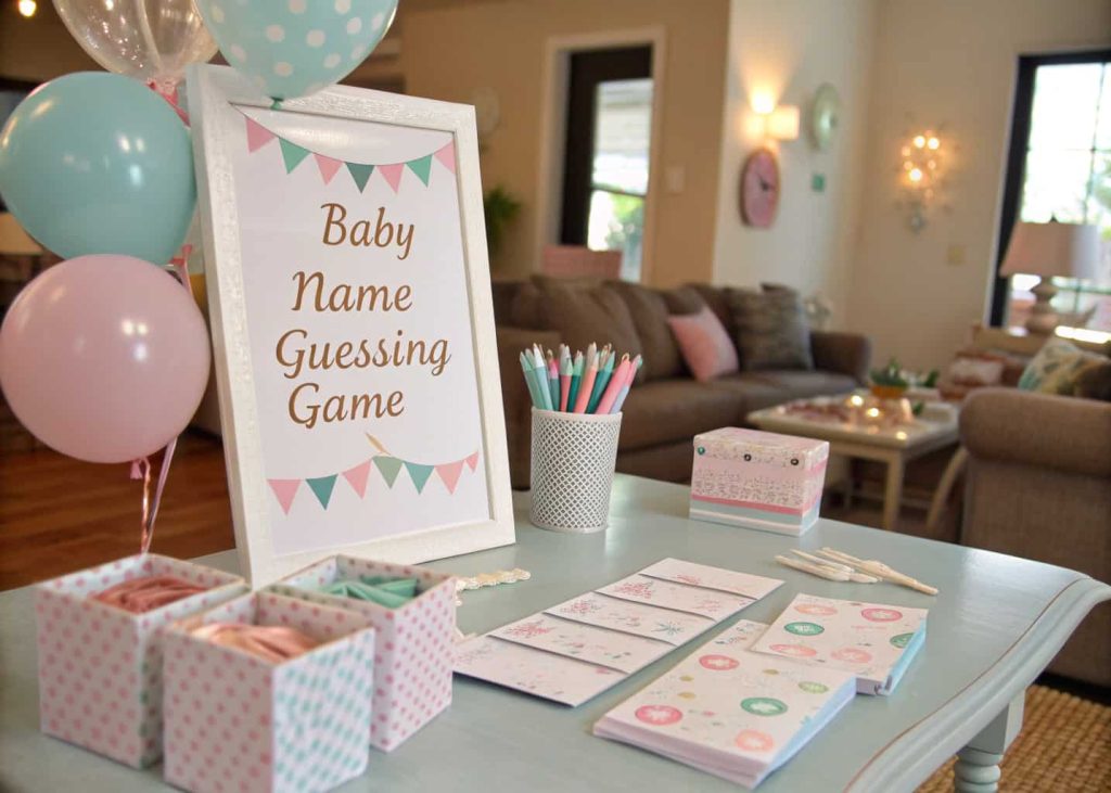 A baby shower table with cards and pens for a baby name guessing game, decorated with pastel colors and cute signs.