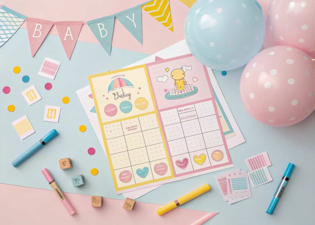 A pastel-themed baby bingo setup with cards, markers, and small prizes, surrounded by baby shower decorations.