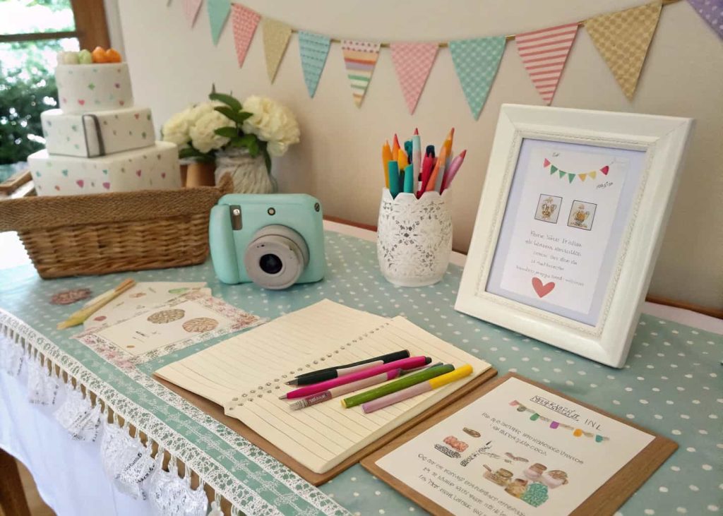 A baby shower photo guestbook table with an instant camera, colorful pens, and decorated pages for guests’ photos and messages.