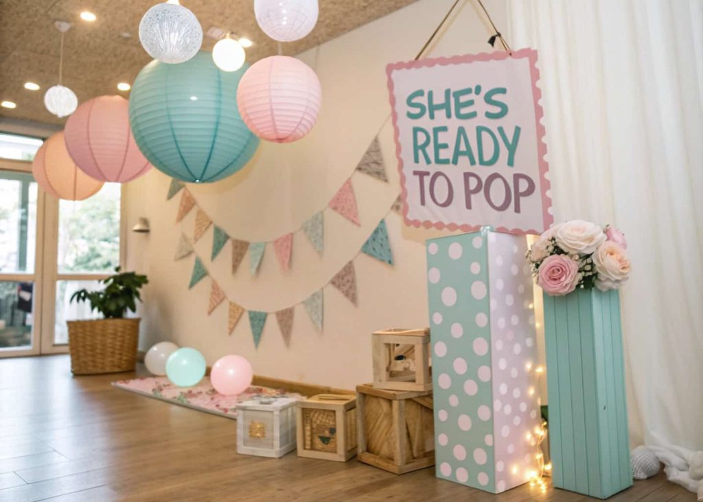 A baby shower venue decorated with pastel banners, paper lanterns, baby blocks, and a “She’s Ready to Pop” sign, with soft lighting.