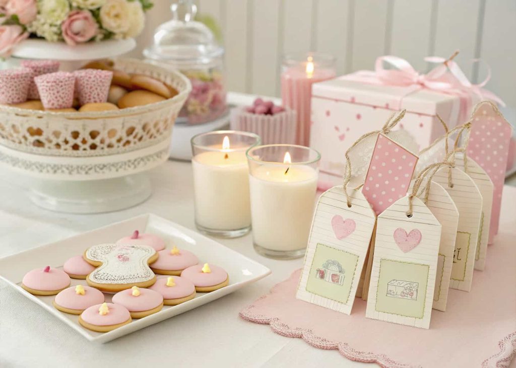 Pastel-colored baby shower party favors on a decorated table, including small candles, cookies, and personalized tags.