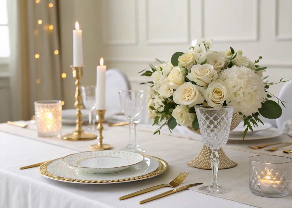 White wedding table with gold accents, white flowers centerpiece, crystal glassware, soft candlelight, elegant and minimalist style.