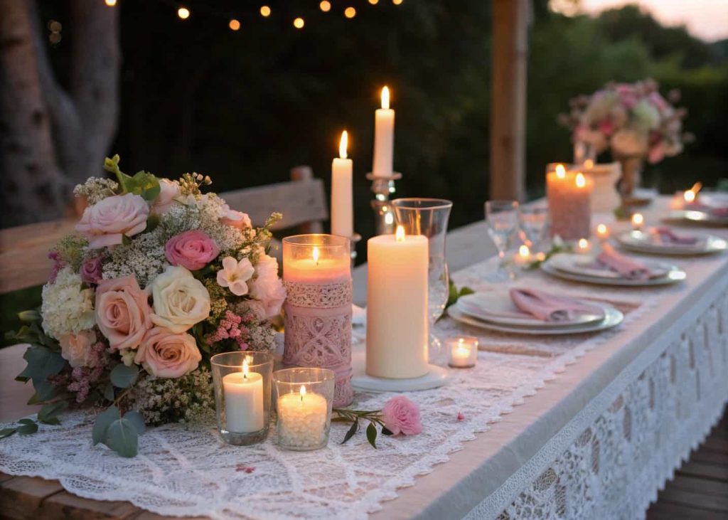 Wedding table with multiple candles, pastel flowers, lace table runner, warm romantic evening lighting.