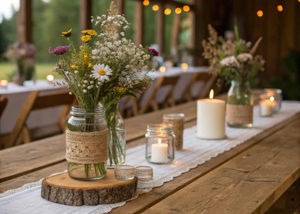 Rustic wedding table with wooden elements, wildflowers in mason jars, burlap accents, soft warm lighting.
