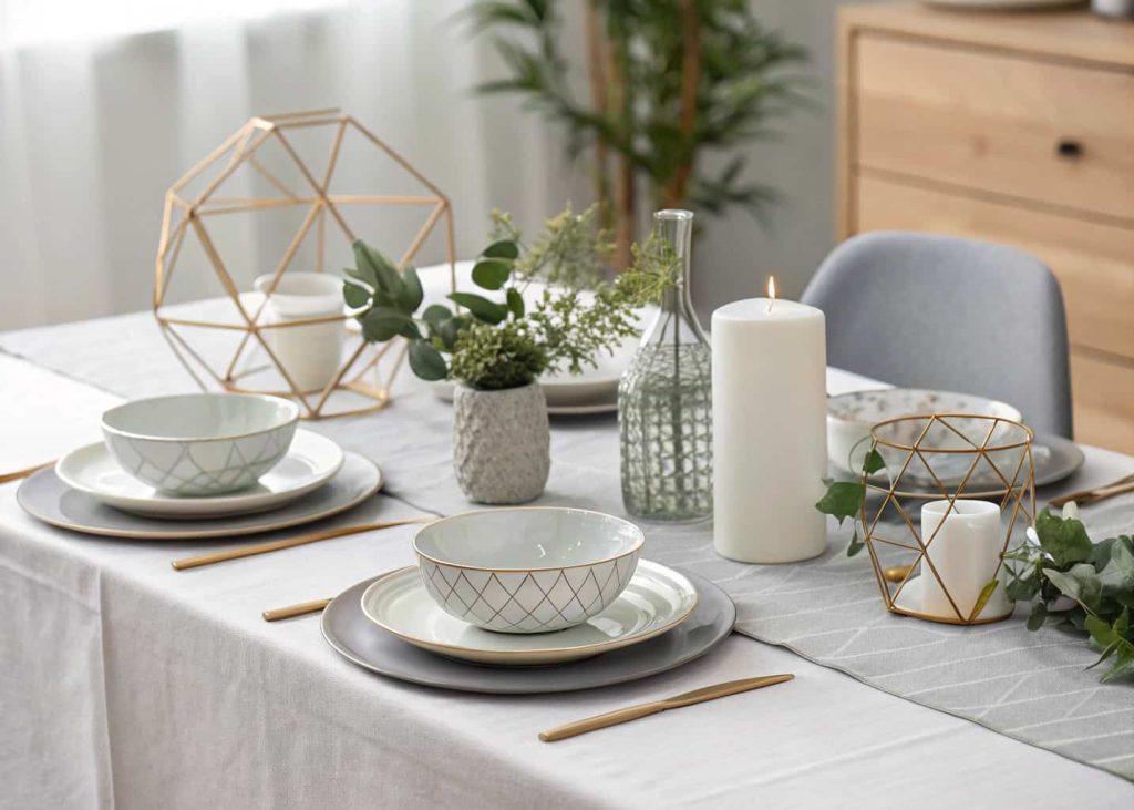 Minimalist wedding table with white and gray linens, geometric centerpieces, simple modern dishware, clean lines.