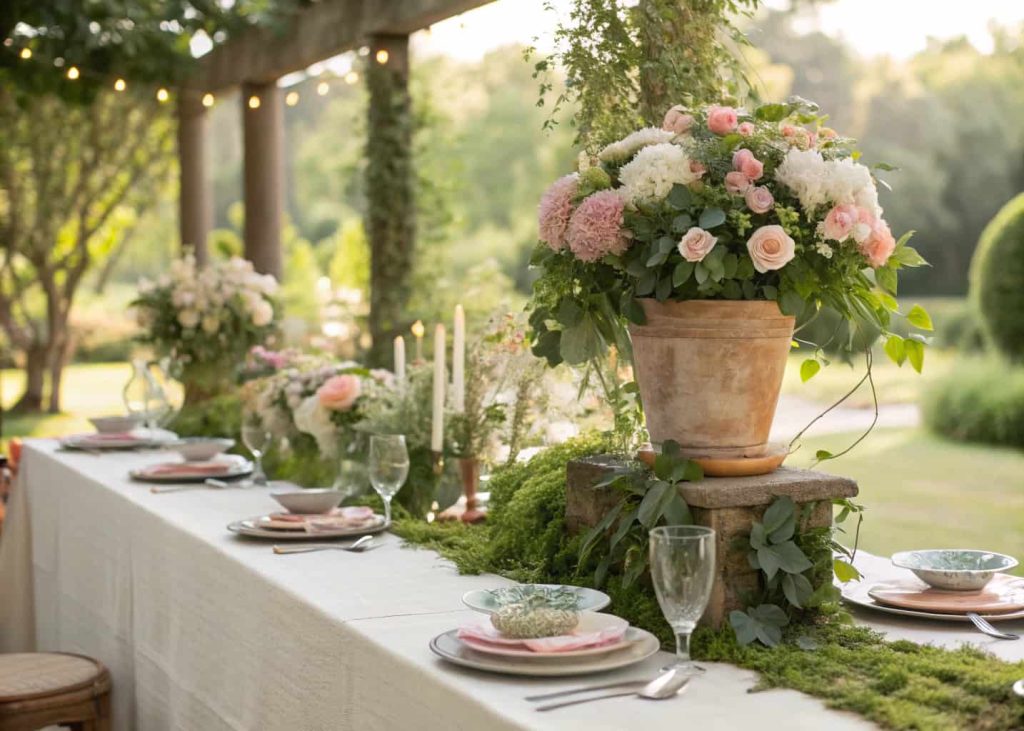 Garden-themed wedding table with greenery, pastel flowers, potted plant accents, soft natural lighting.