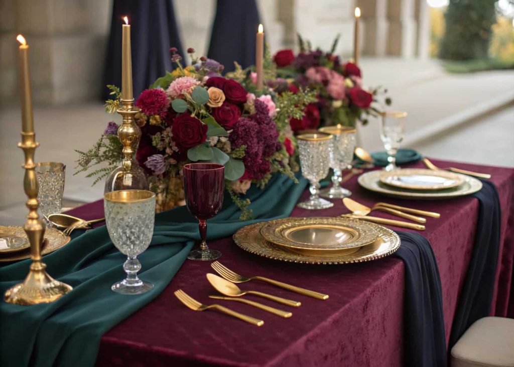 Luxurious wedding table with jewel-toned linens, gold cutlery, opulent flowers, dramatic elegant style.