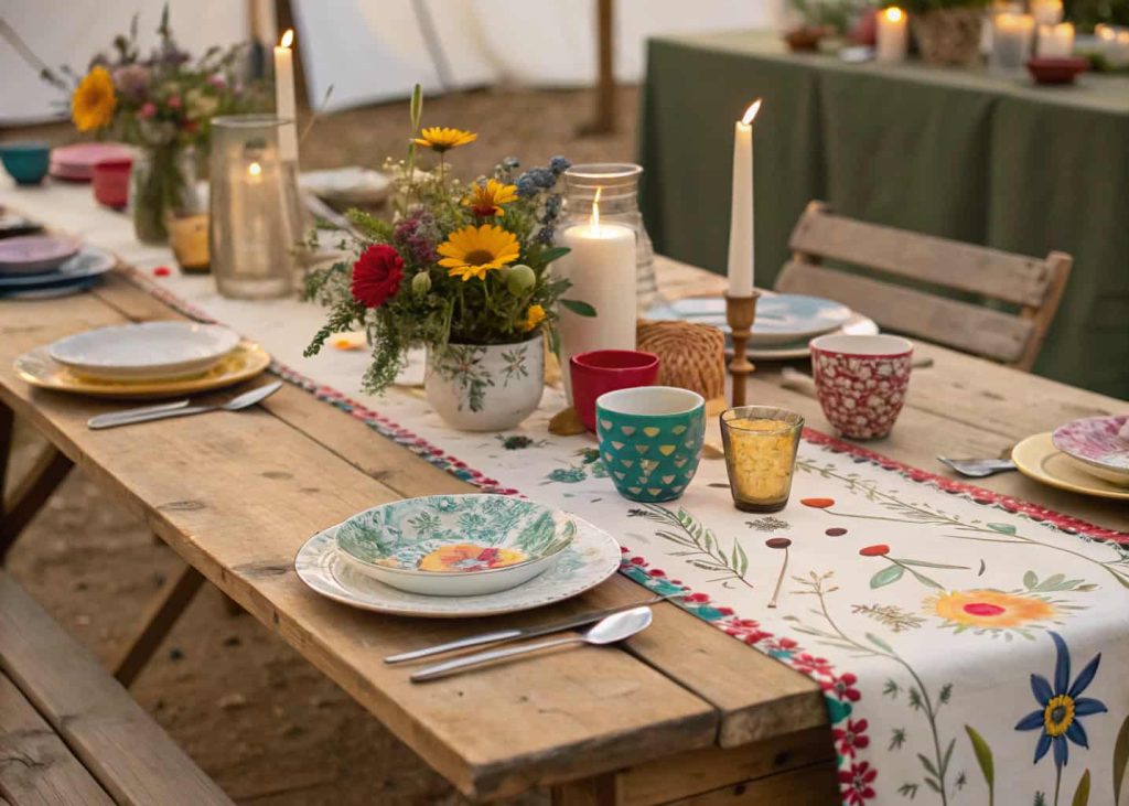 Bohemian wedding table with colorful runners, wildflowers, eclectic dishware, candles, relaxed artistic style.