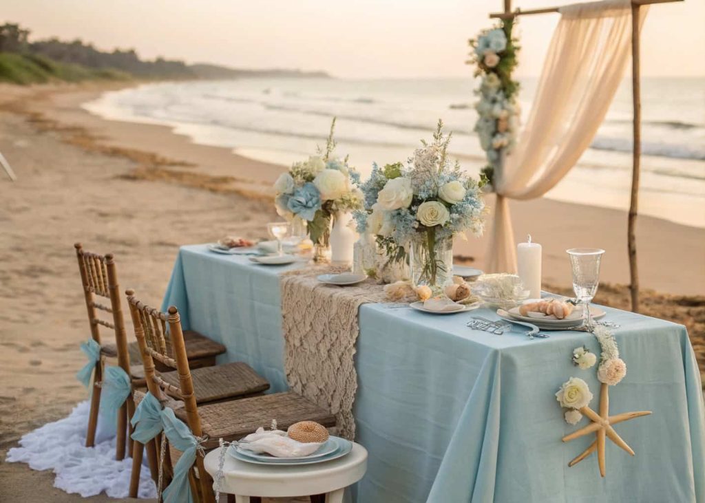 Beach wedding table with soft blue and beige linens, shells and driftwood accents, airy floral centerpieces.
