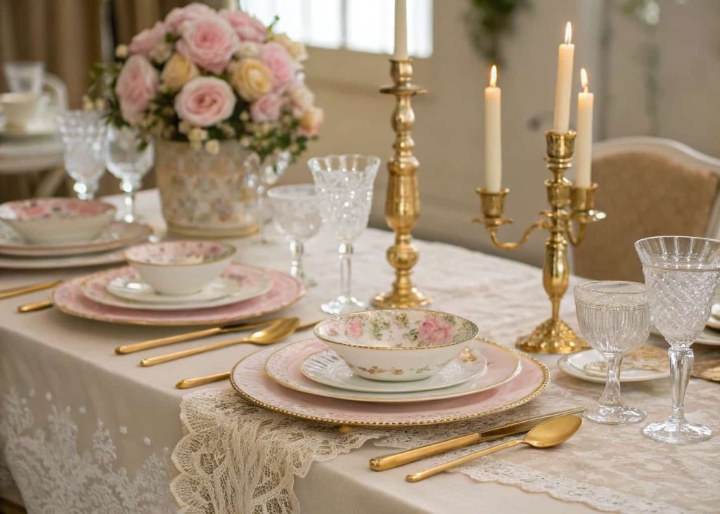 Vintage glam wedding table with antique china, lace linens, crystal glassware, blush and gold tones, candelabras.