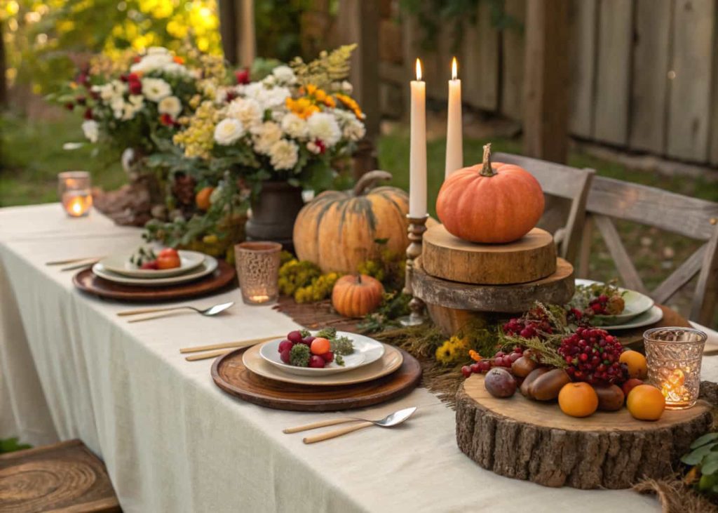 Autumn harvest wedding table with pumpkins, seasonal fruits, warm-toned flowers, wooden chargers, cozy candles.