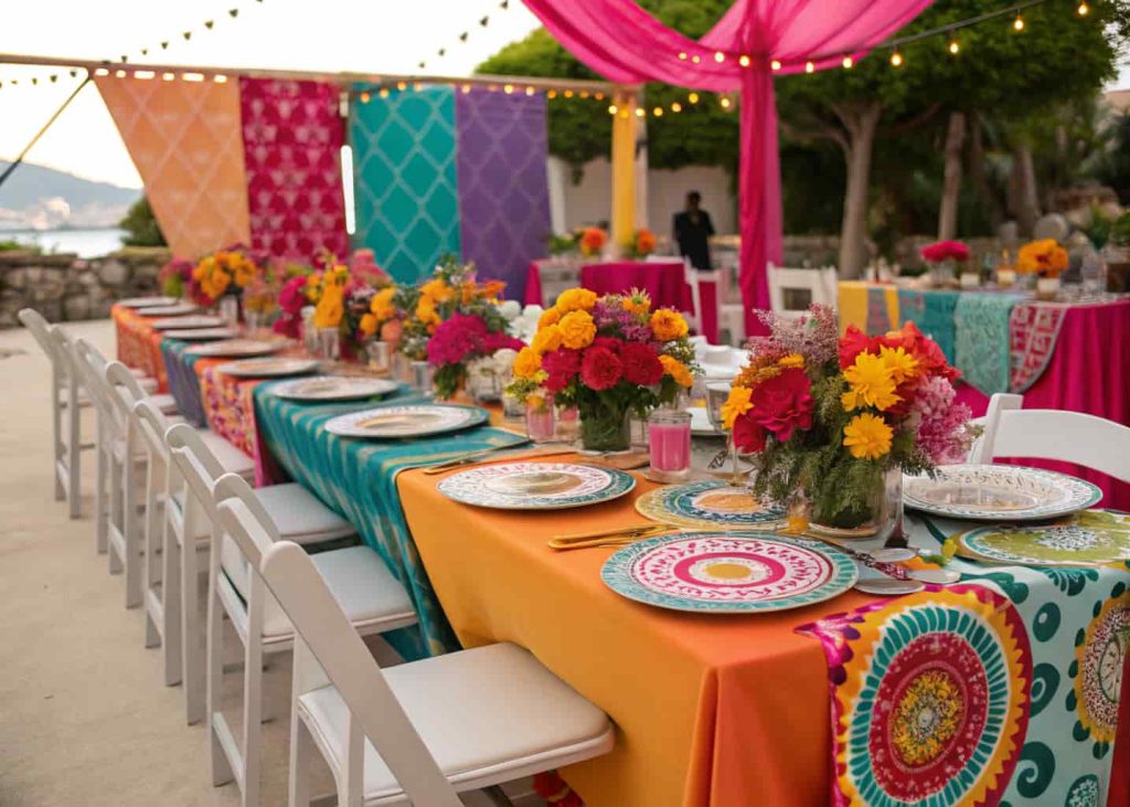 Colorful wedding table with vibrant linens, bright floral arrangements, patterned plates, joyful and lively atmosphere.