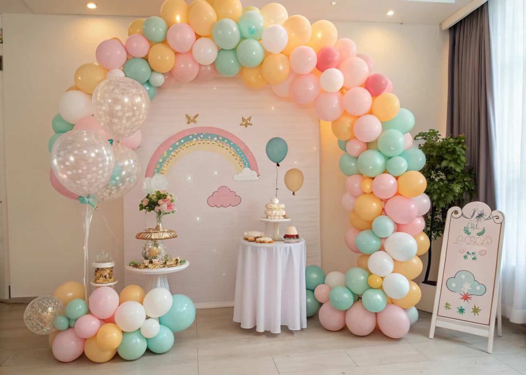 Colorful balloon arch with baby shower theme, pastel colors, photo backdrop, decorative balloons of different sizes and shapes, indoor party setting.”