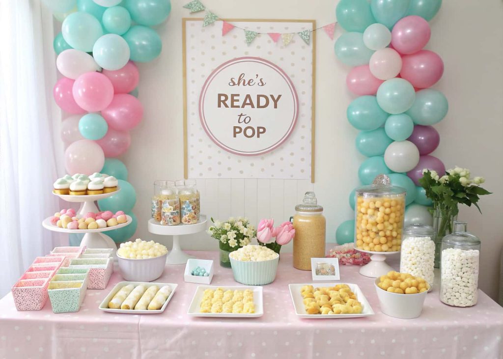 Baby shower snack bar with popcorn, cupcakes, candy jars, pastel decorations, ‘She’s Ready to Pop’ theme, festive table setup.”