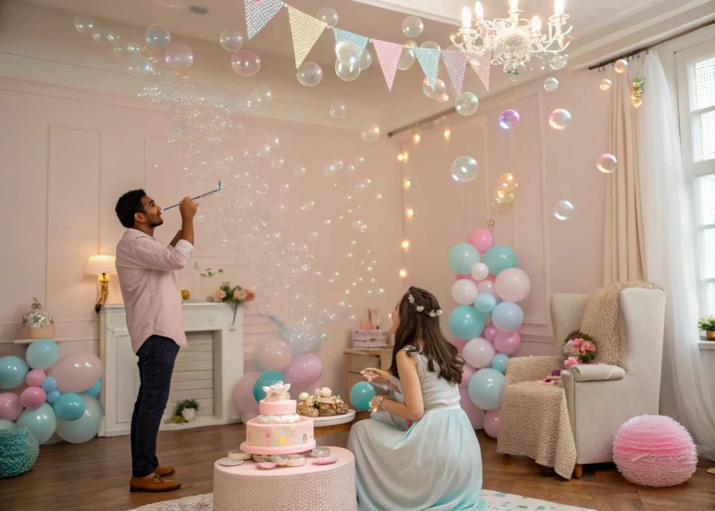 “Indoor baby shower with bubble machine, floating bubbles, joyful guests, pastel decorations, magical atmosphere.”