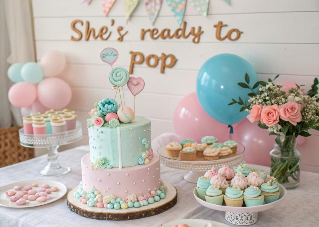 Pastel-colored baby shower cake with surprise candy inside, cute toppers, elegant table setup, ‘She’s Ready to Pop’ theme.”
