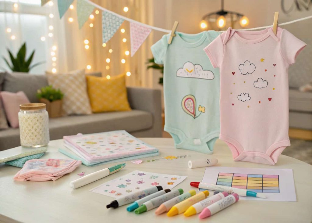 “DIY baby onesie decorating station, pastel colors, fabric markers, cute stickers, baby shower activity setup.”