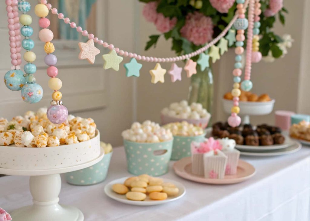 Popcorn garland with pastel beads and baby charms, hanging over baby shower dessert table, whimsical décor.”