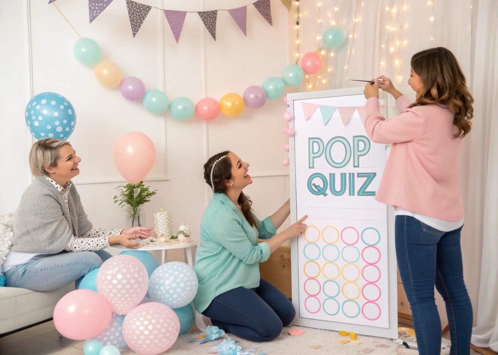 Baby shower game setup, ‘Pop Quiz’ theme, guests participating, pastel decorations, fun interactive activity.”