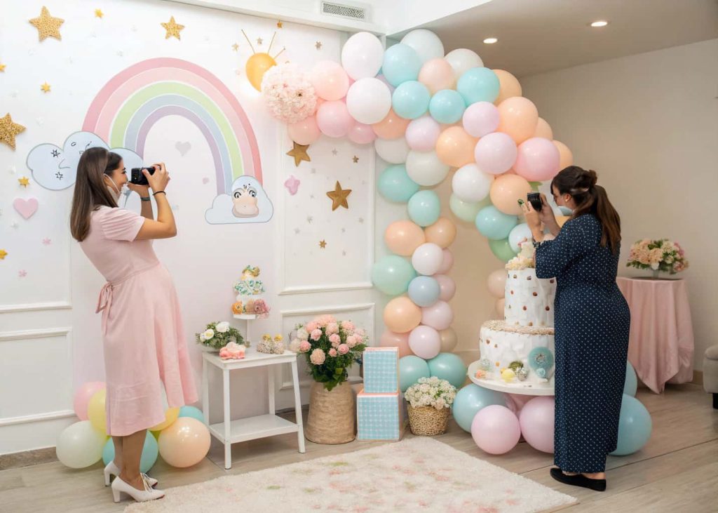Baby shower photo booth with pastel balloons, themed props, joyful guests taking pictures, indoor party setting.”