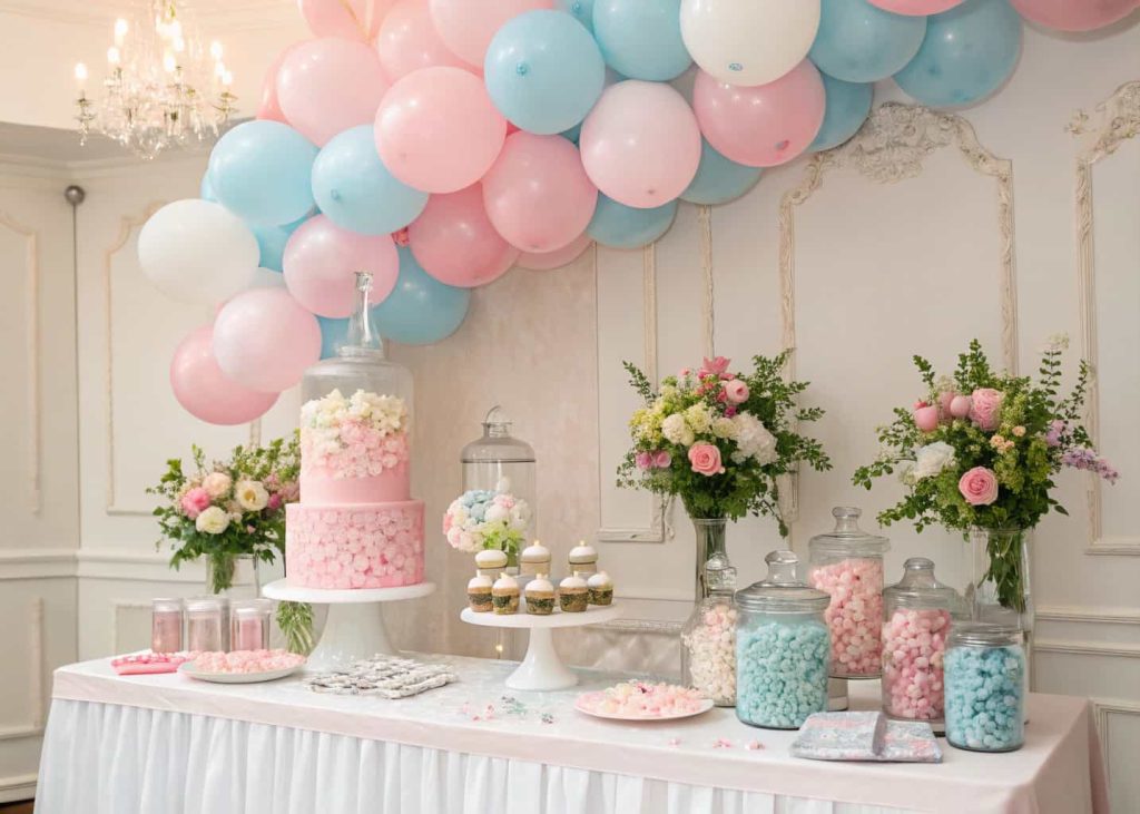Baby shower table with pastel balloon centerpieces, confetti jars, floral accents, elegant party setup.”