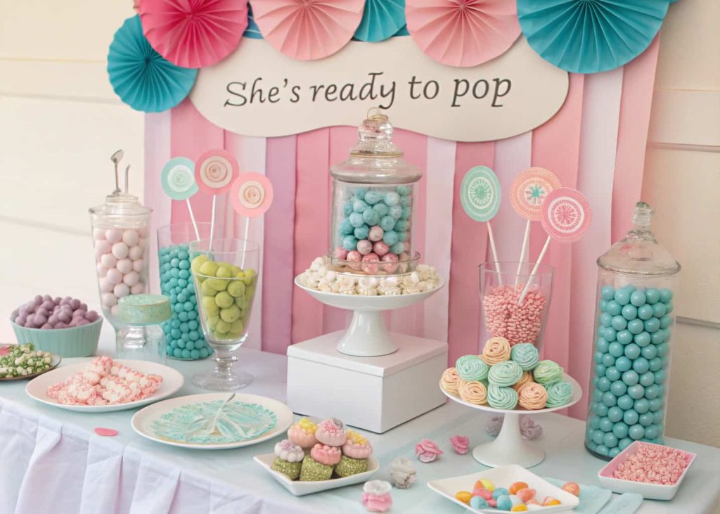 Baby shower candy station with lollipops and pastel sweets, interactive table setup, ‘She’s Ready to Pop’ theme.”