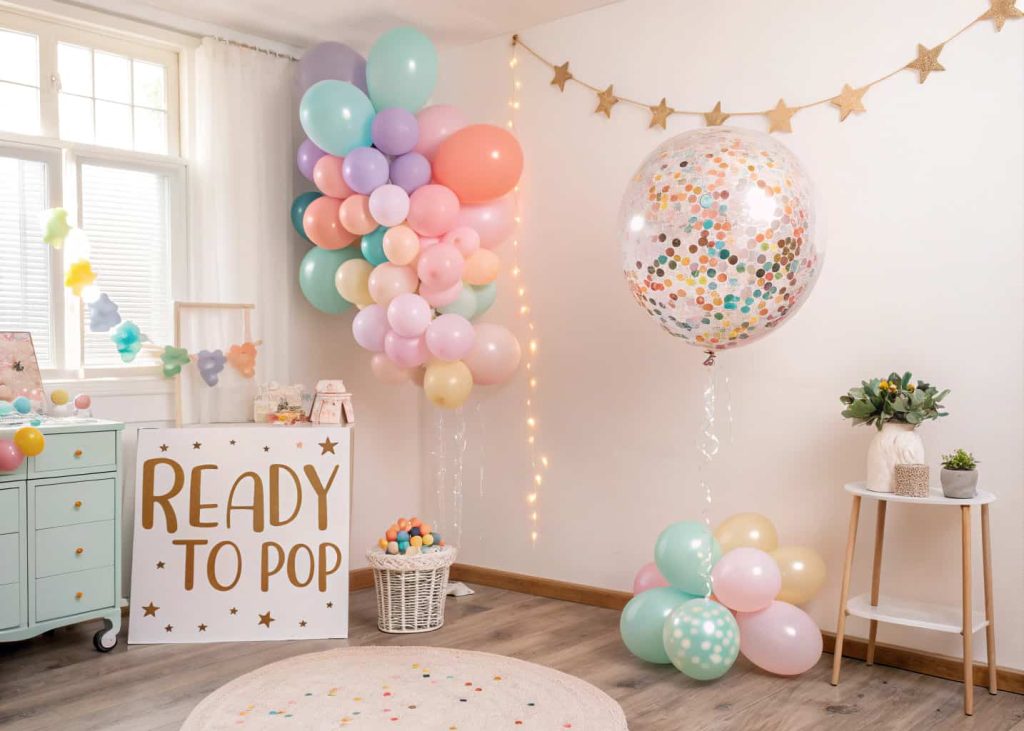 A pastel-themed baby shower room filled with colorful balloon garlands, a giant confetti balloon ready to pop, soft lighting, and playful ‘Ready to Pop’ signs.”